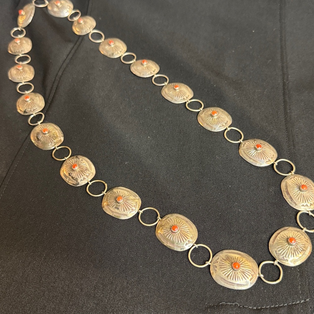 Vintage Sterling Silver Coral Stone Concho Belt .